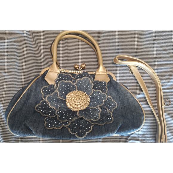 Women's denim casual handbag- flower & crystal embellishments- excellent - Picture 1 of 9
